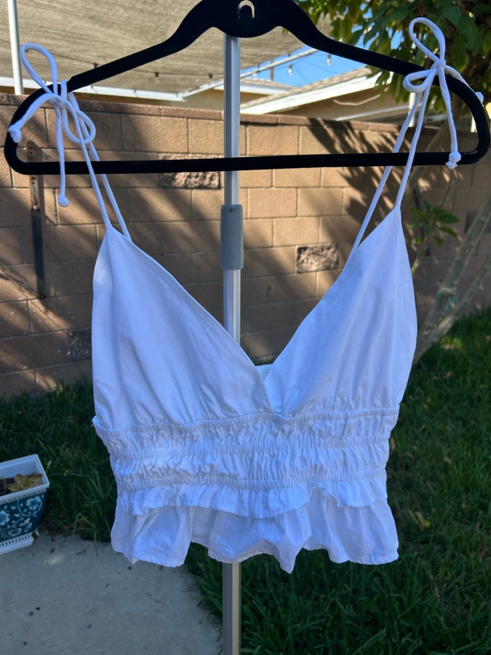 White Tie-Strap Ruffle Smocked Crop Top